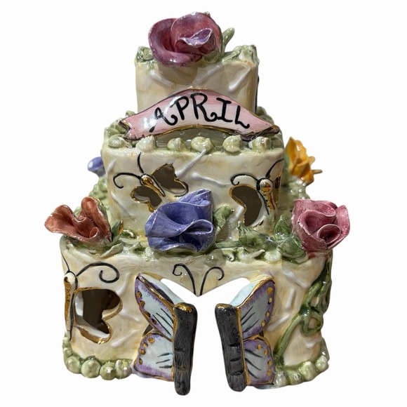 Vintage Blue Sky Clayworks Happy Birthday April Peridot Candle Holder 2001